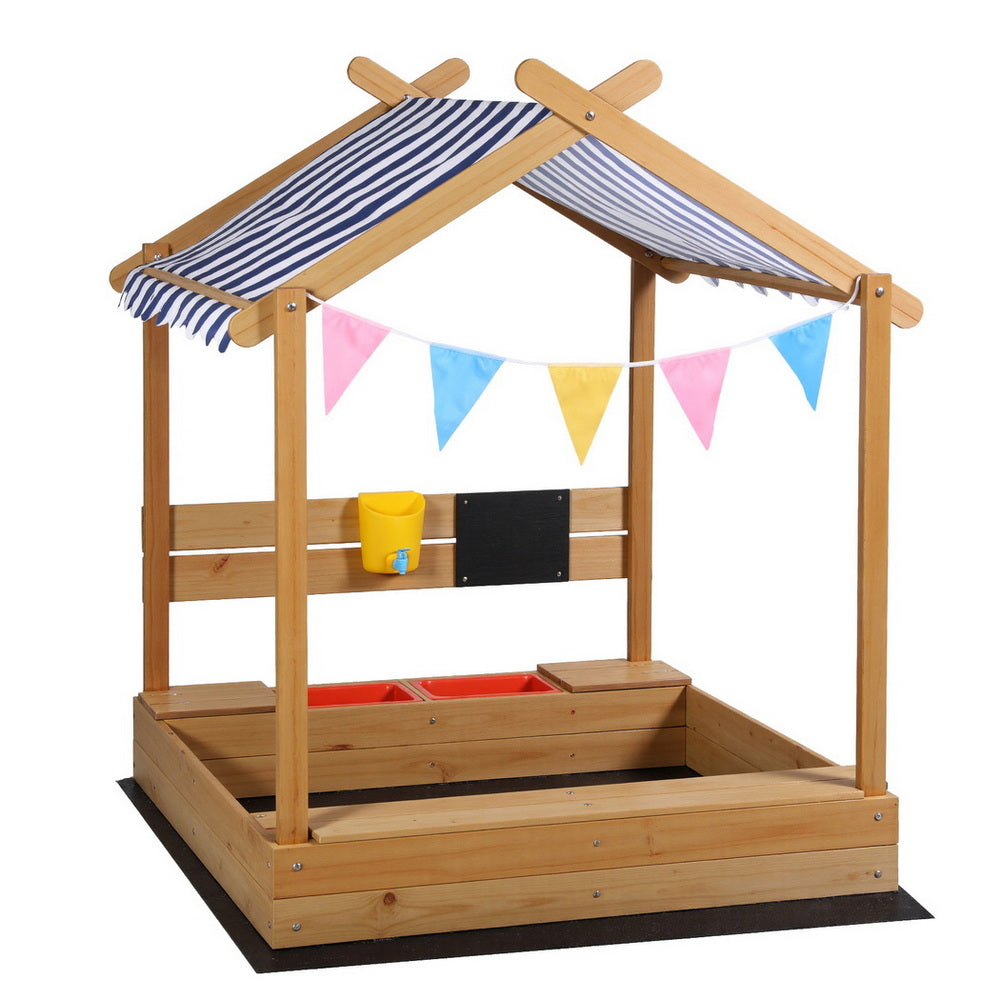 Keezi Kids Wooden Sandpit with Canopy and Water Basin 146cm