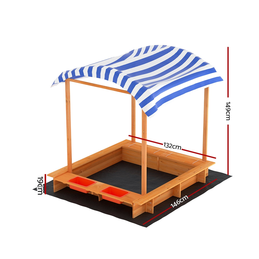 Keezi 146cm Wooden Kids Sandpit Sandbox Canopy Water Basin