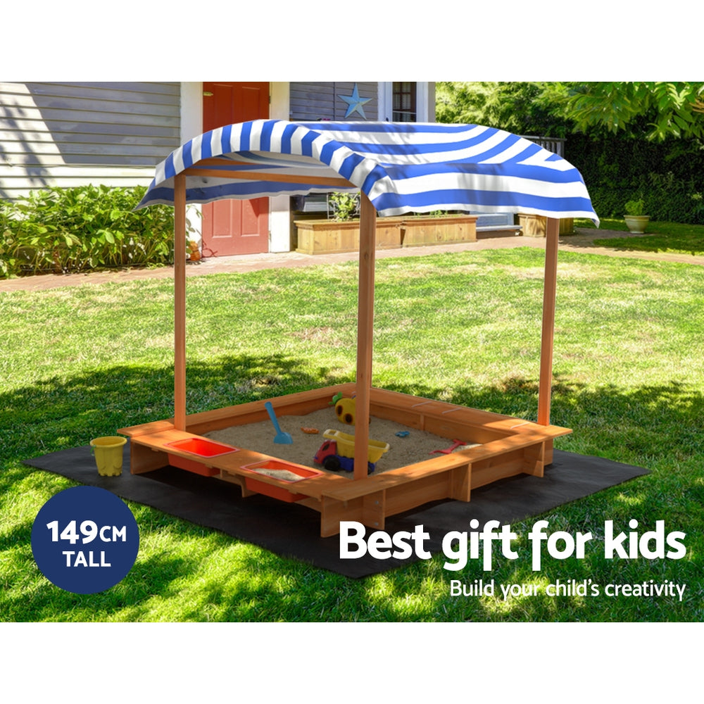 Keezi 146cm Wooden Kids Sandpit Sandbox Canopy Water Basin