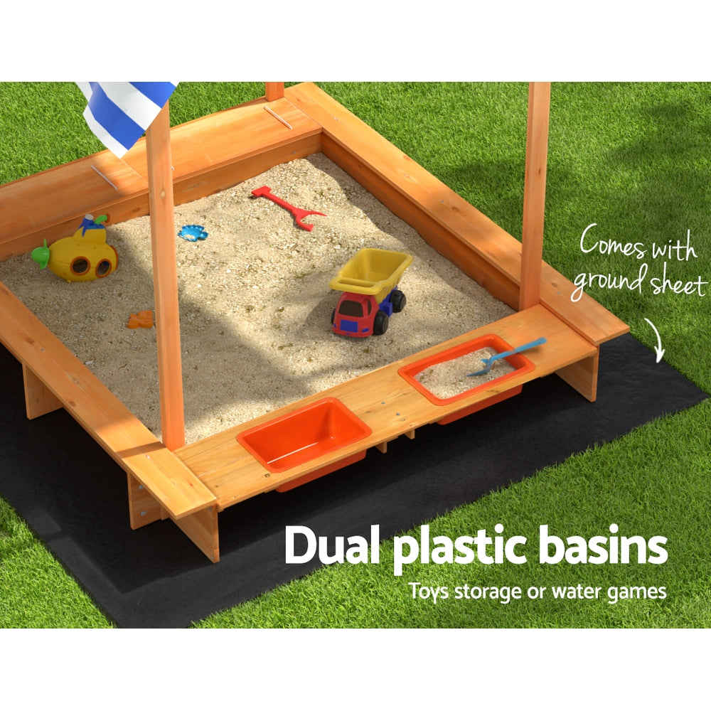 Keezi 146cm Wooden Kids Sandpit Sandbox Canopy Water Basin