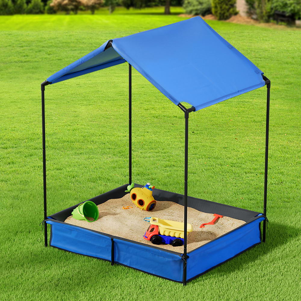 Keezi 120cm Kids Sandpit Metal Sandbox with Canopy Cover Blue
