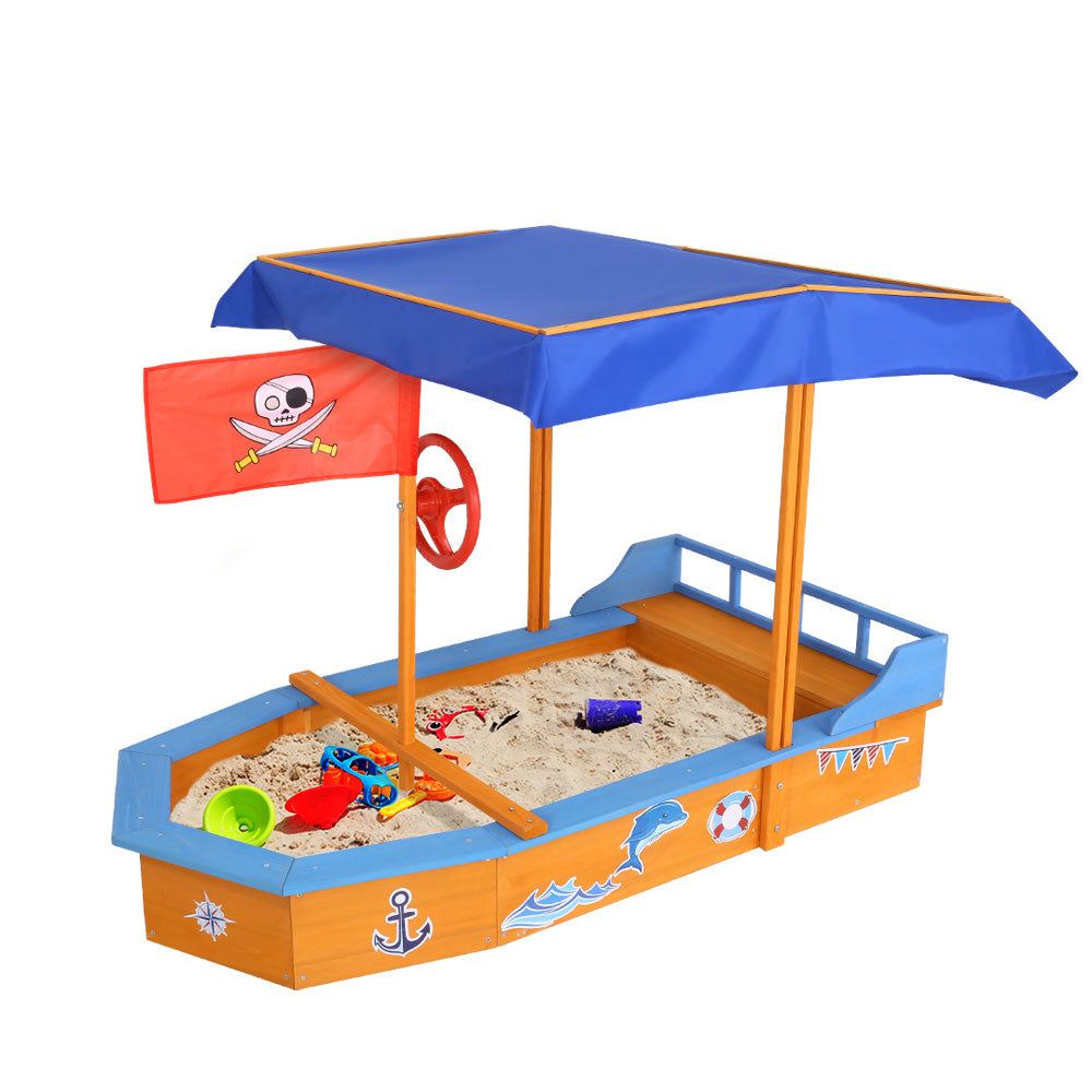 Keezi Wooden Boat Sandpit 150cm with Canopy & Bench Seat
