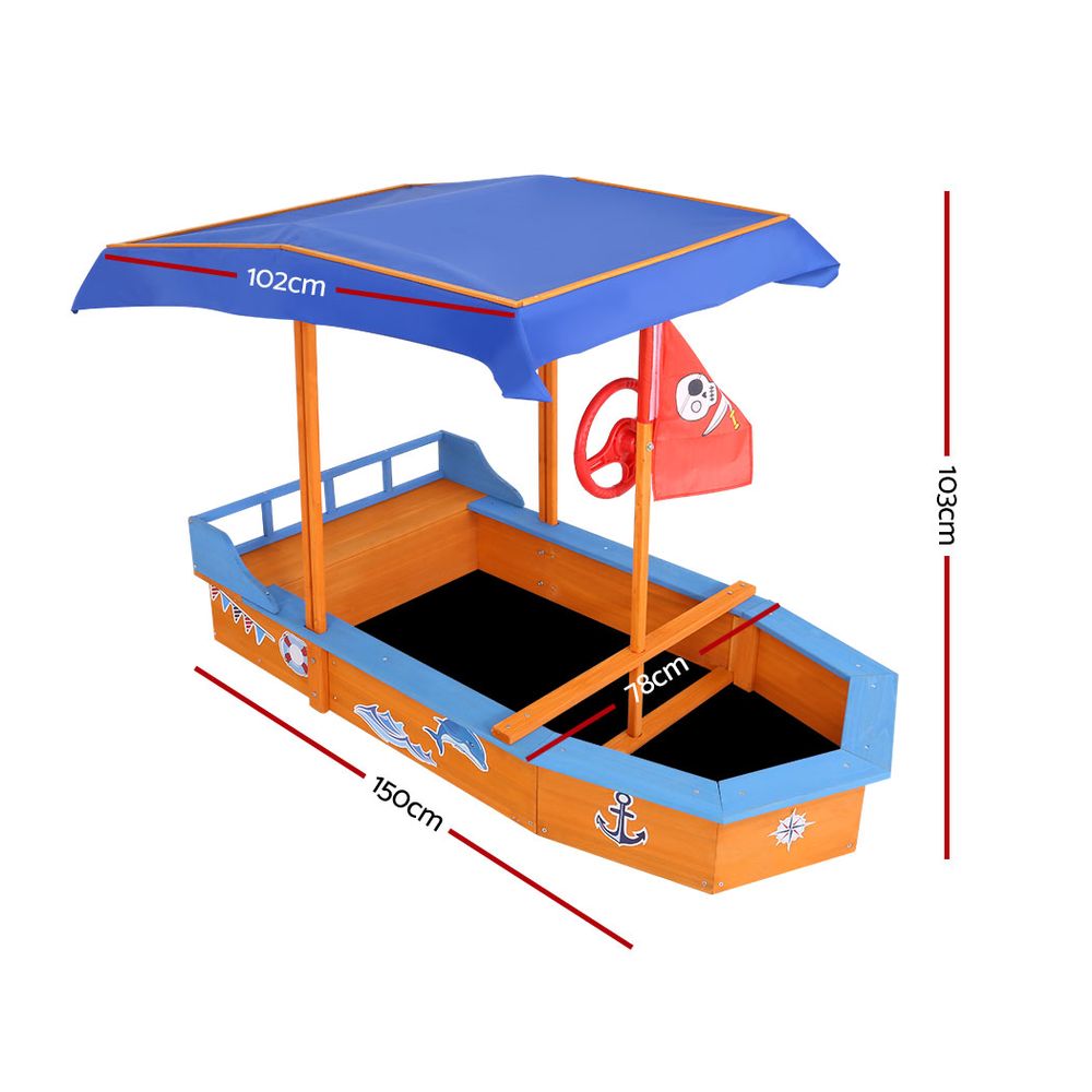 Keezi Wooden Boat Sandpit 150cm with Canopy & Bench Seat