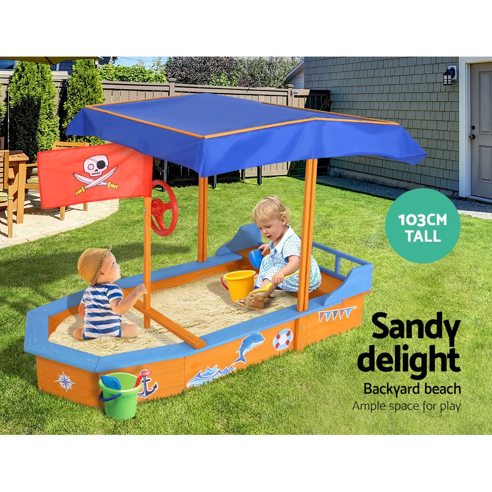 Keezi Wooden Boat Sandpit 150cm with Canopy & Bench Seat
