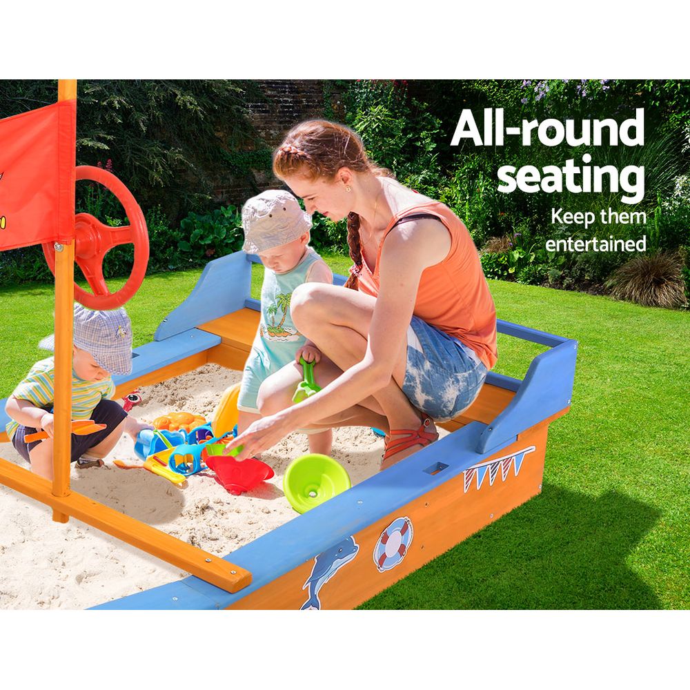 Keezi Wooden Boat Sandpit 150cm with Canopy & Bench Seat