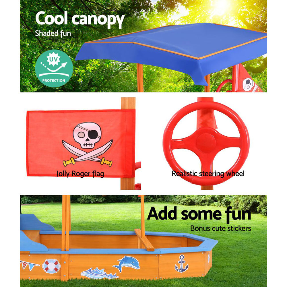Keezi Wooden Boat Sandpit 150cm with Canopy & Bench Seat