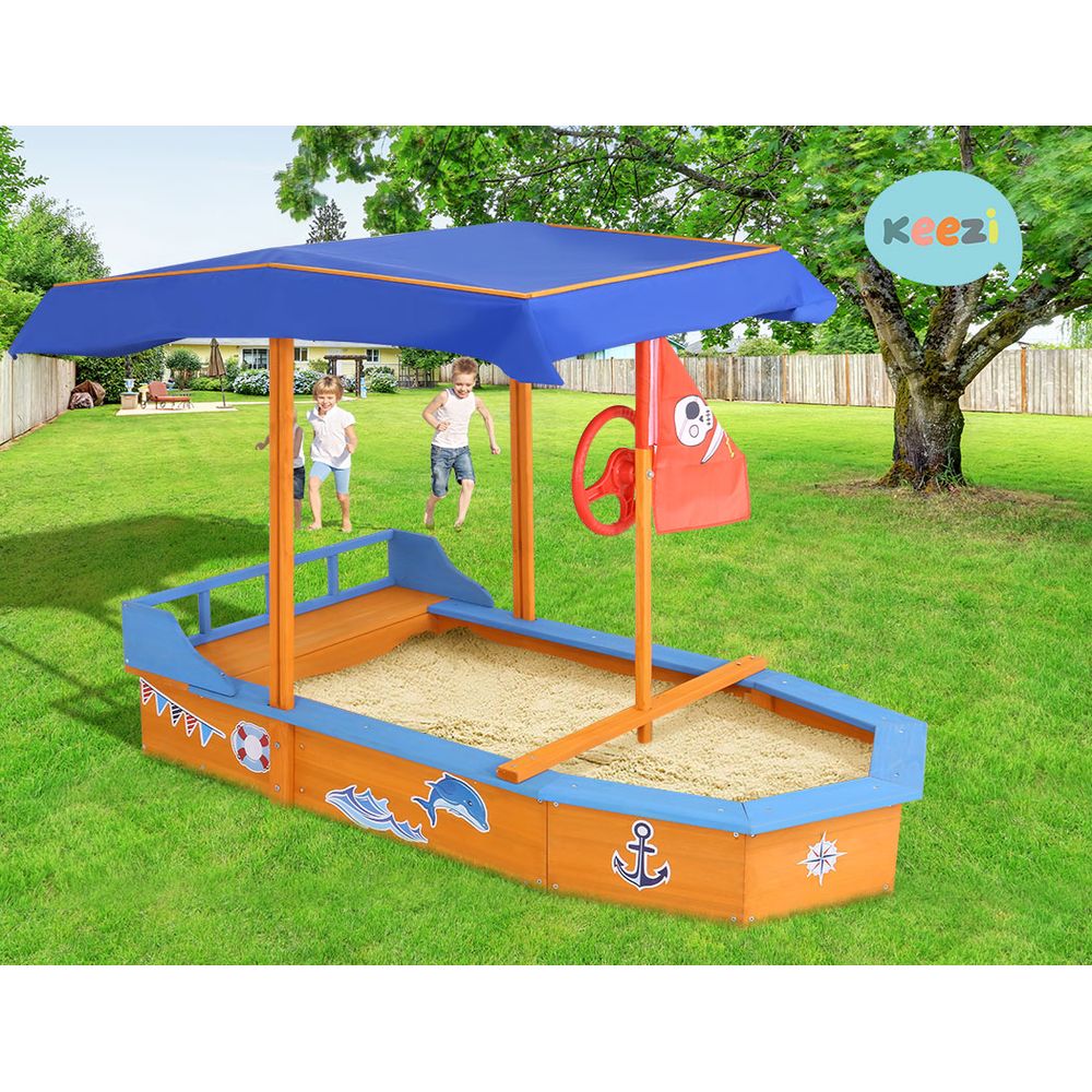 Keezi Wooden Boat Sandpit 150cm with Canopy & Bench Seat