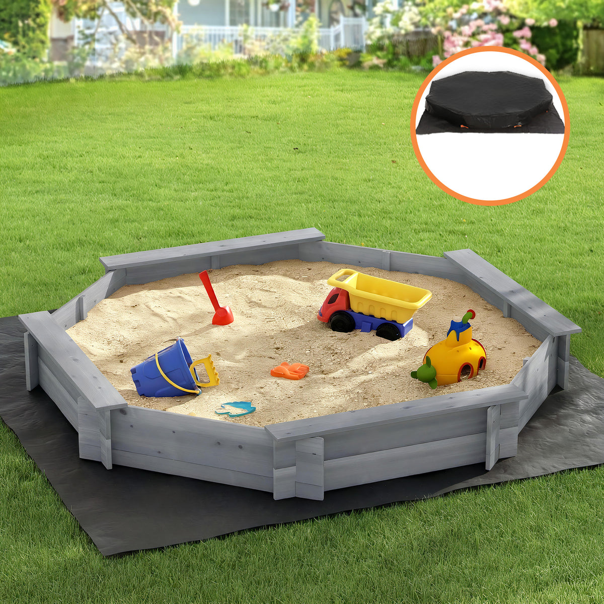 Keezi Kids Wooden Sandpit with Cover and Bench Seat 182cm Grey