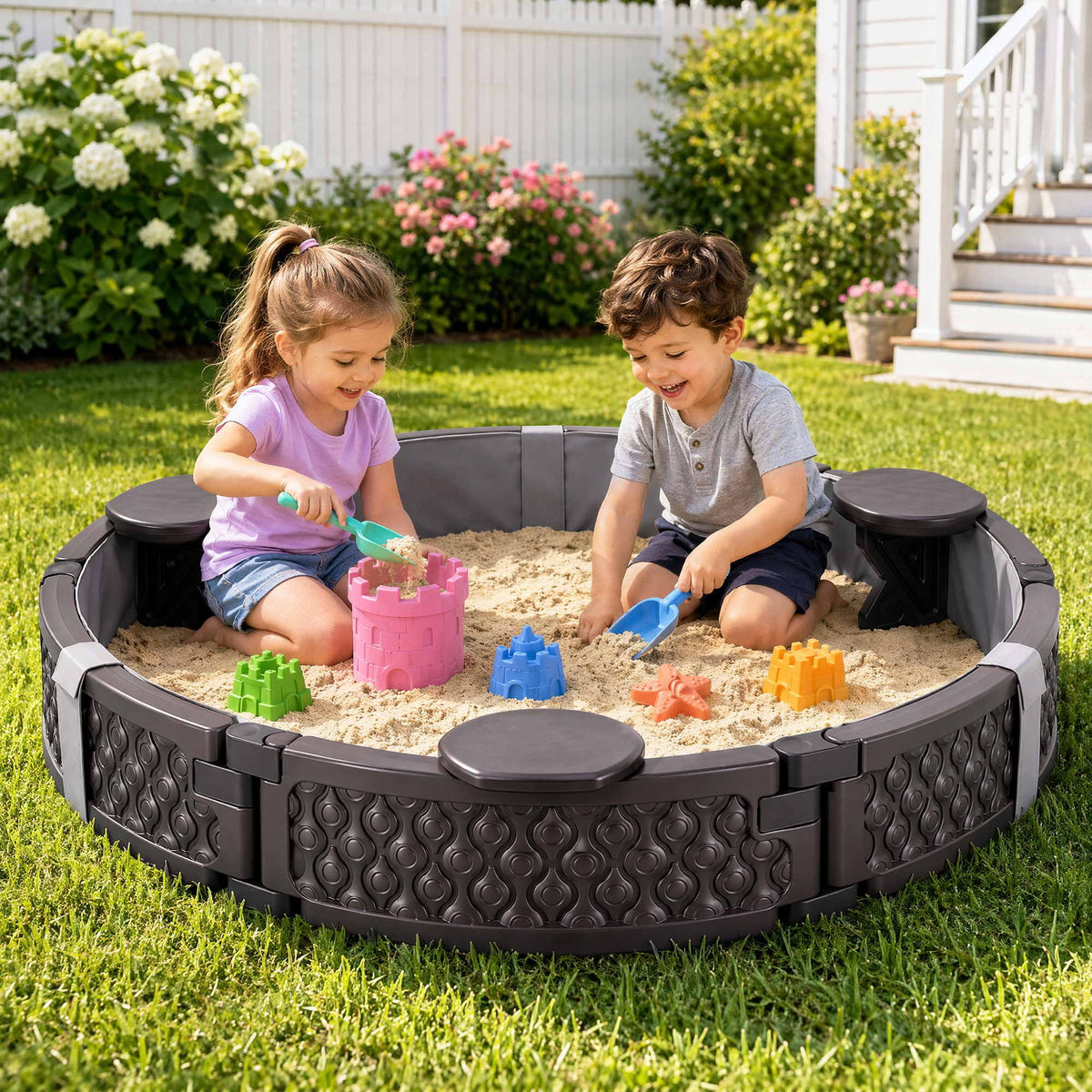 Kids Round Outdoor Sandpit 121cm 3 Seats Brown with Cover