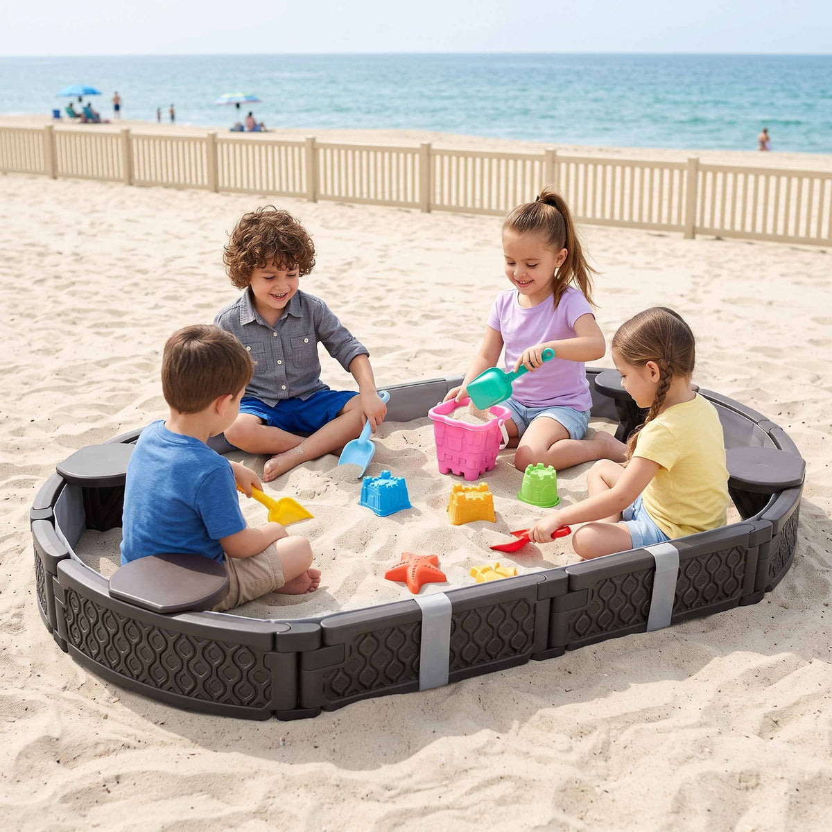 Keezi Kids Sandpit Oval Outdoor Sandbox 4 Seats Grey Cover