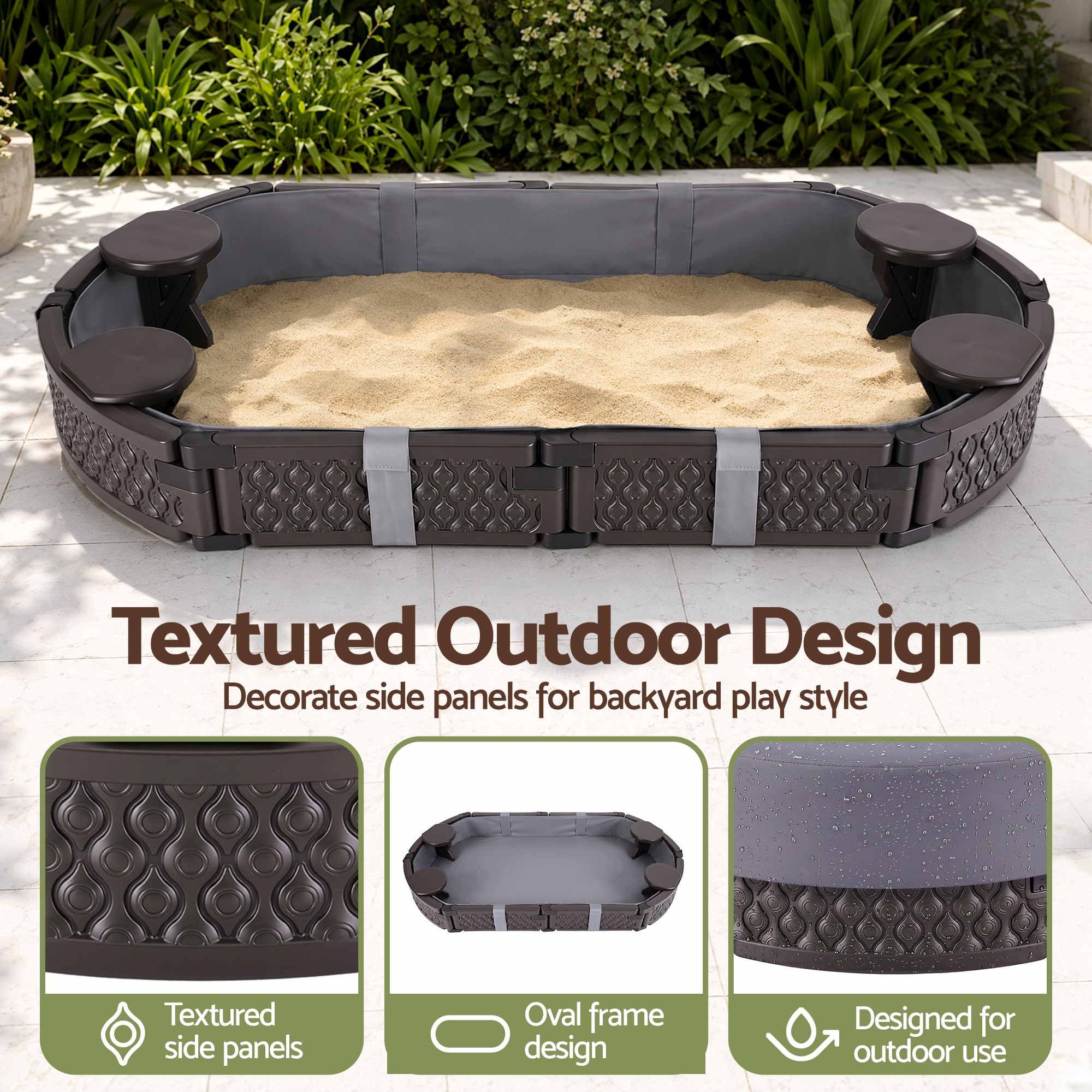 Keezi Kids Sandpit Toys Outdoor Sandbox Oval Sand Pit 4 Seats Grey Cover
