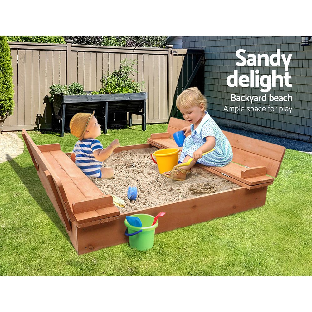 Keezi 90cm Wooden Kids Sandpit Foldable Seat Natural