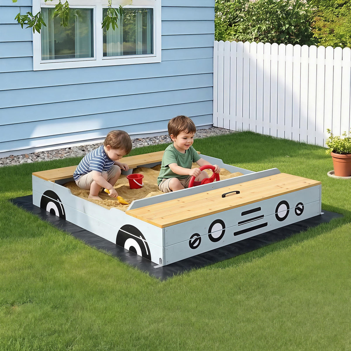 Keezi Wooden Kids Car Sandpit with Ground Sheet 120cm