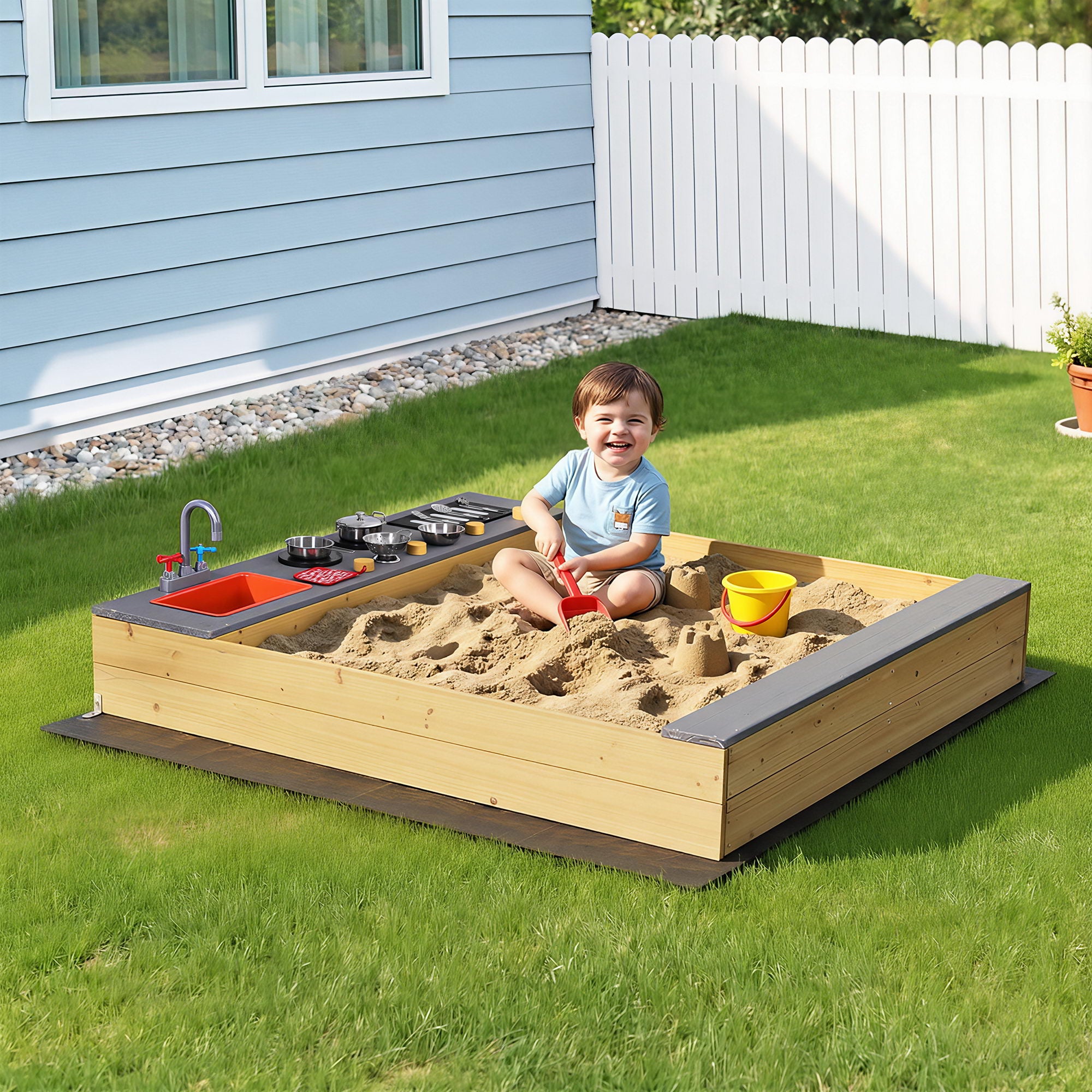 Keezi Wooden Sandpit Sand Pit Outdoor Kids Toy Box Mud Kitchen Sink Storage Bench