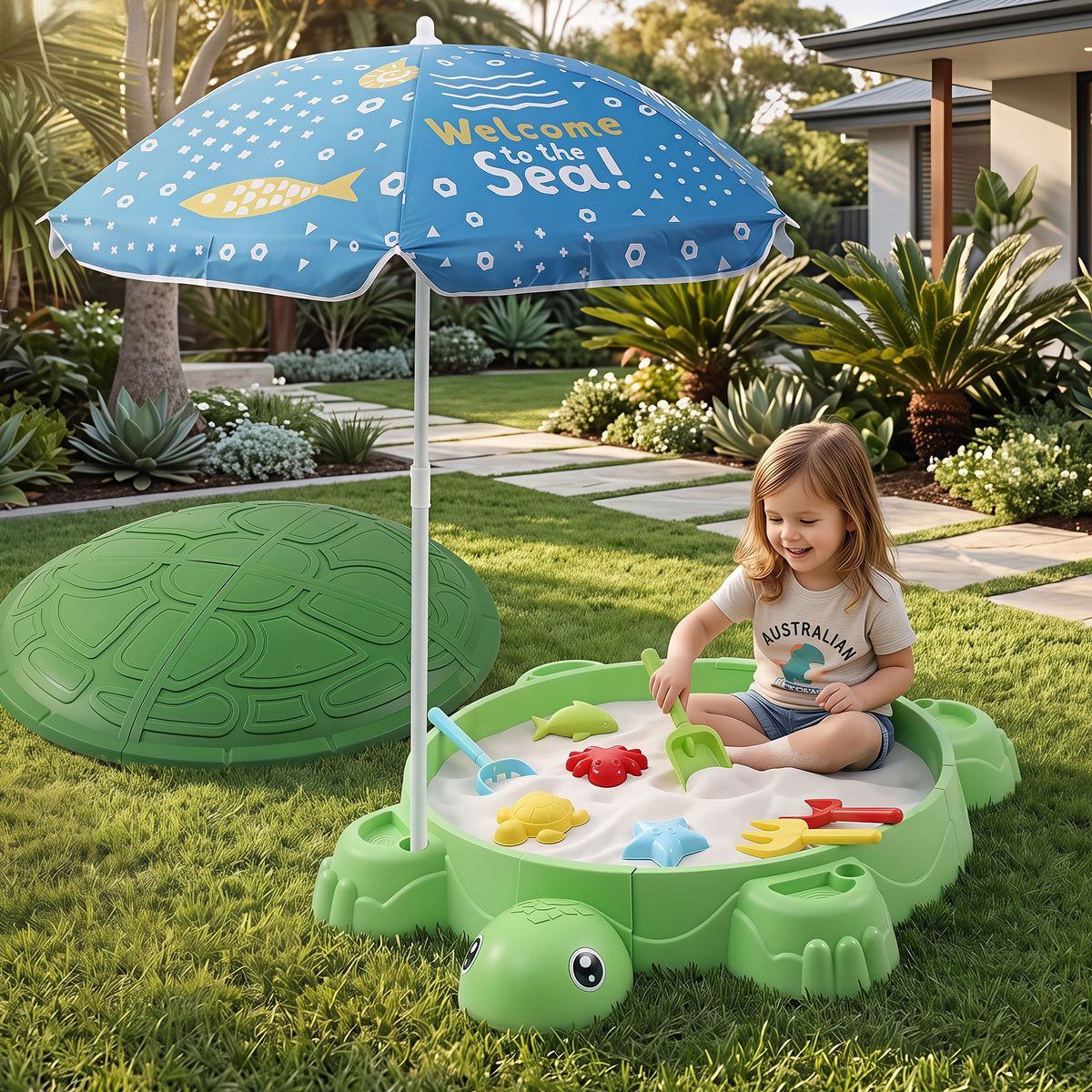 Keezi Kids Turtle Sandpit Sandbox with Umbrella Lid Green