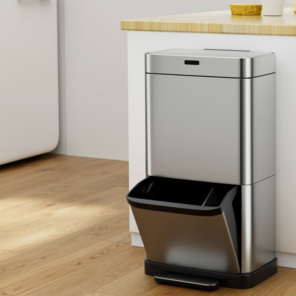 Devanti 70L Motion Sensor Bin Dual Compartment Silver