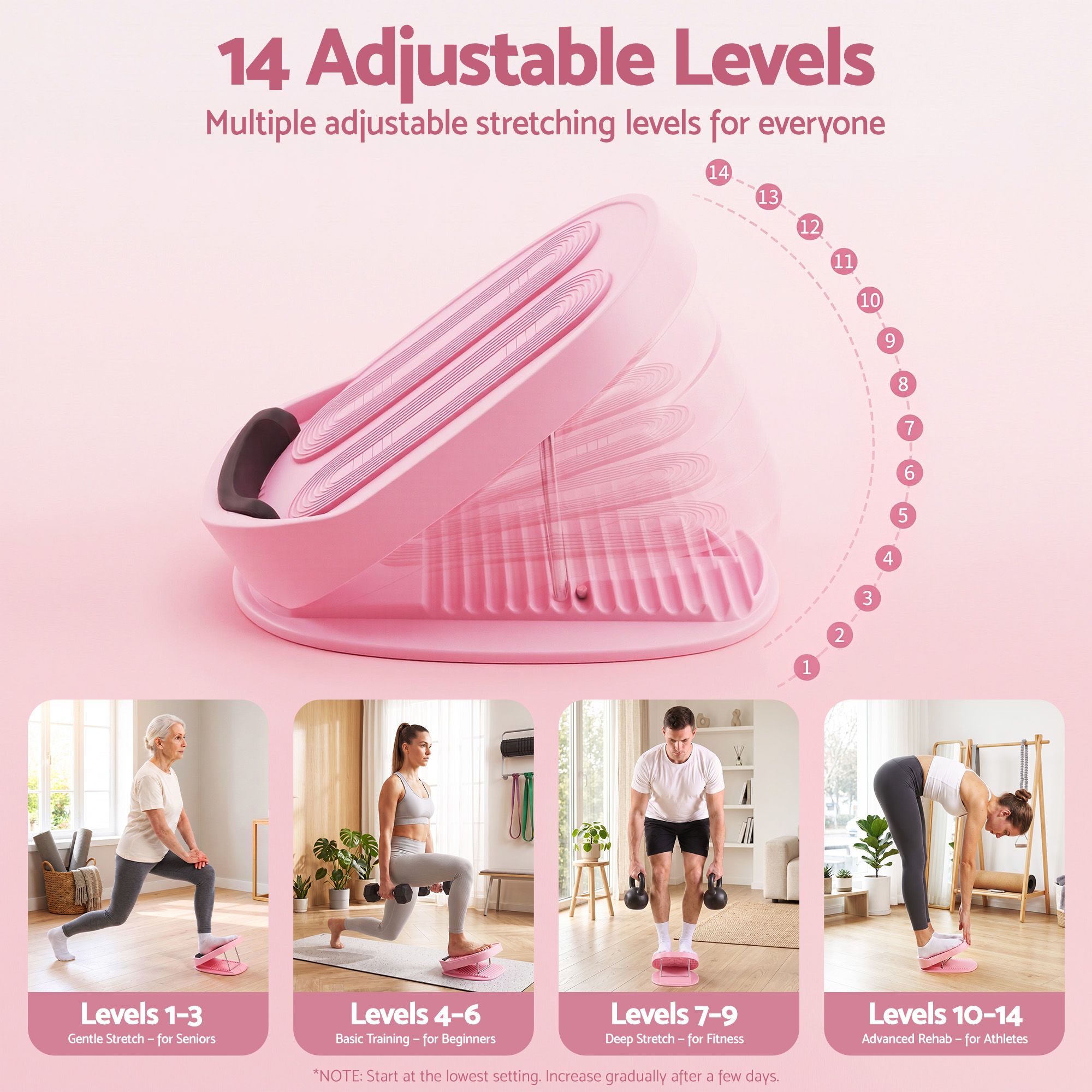 Everfit Slant Board, Balance Board, 14-Level Adjustable Incline Calf Stretcher for Stretching, Squats and Home Fitness Pink