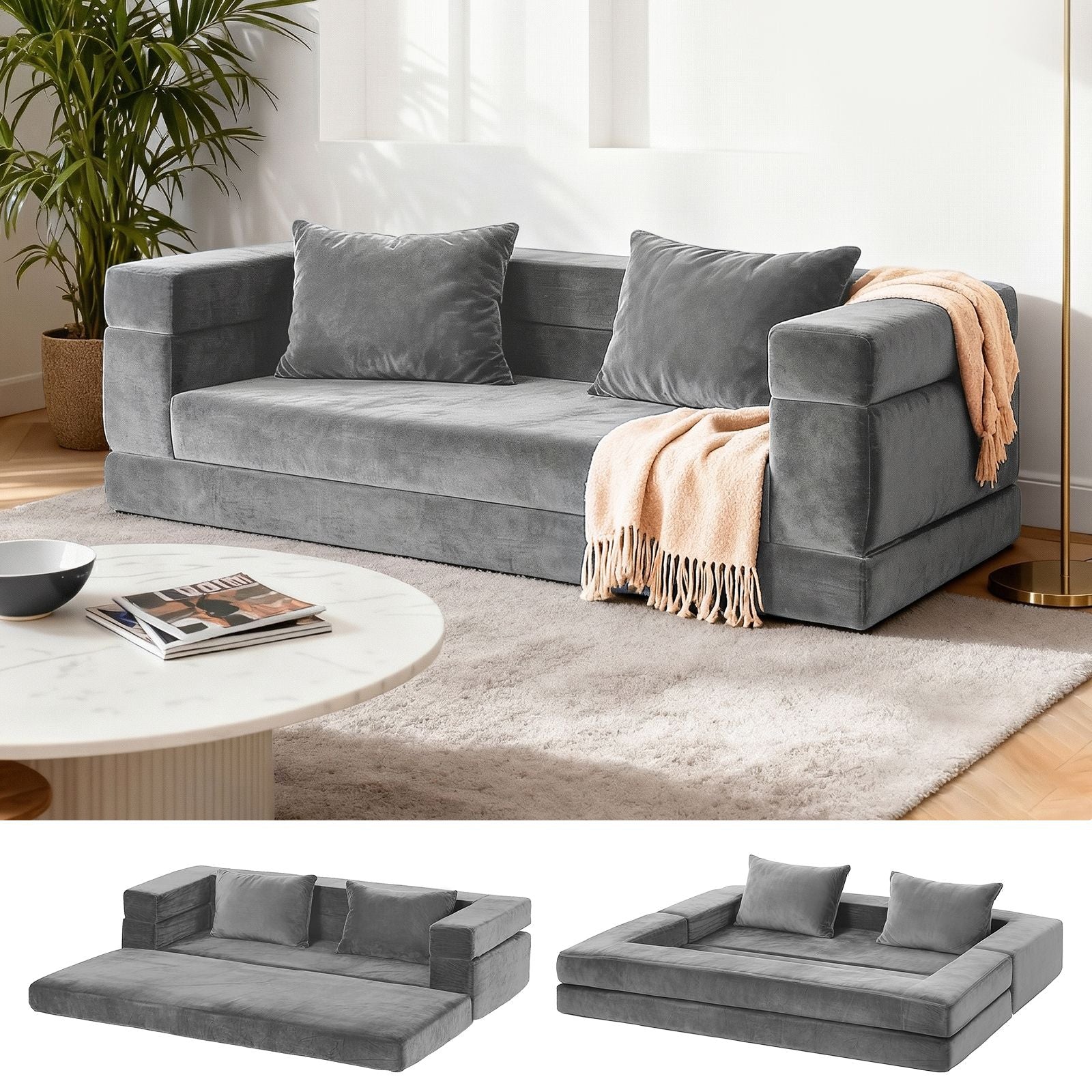 Artiss 3-in-1 Convertible Sofa Bed Lounge Couch Grey
