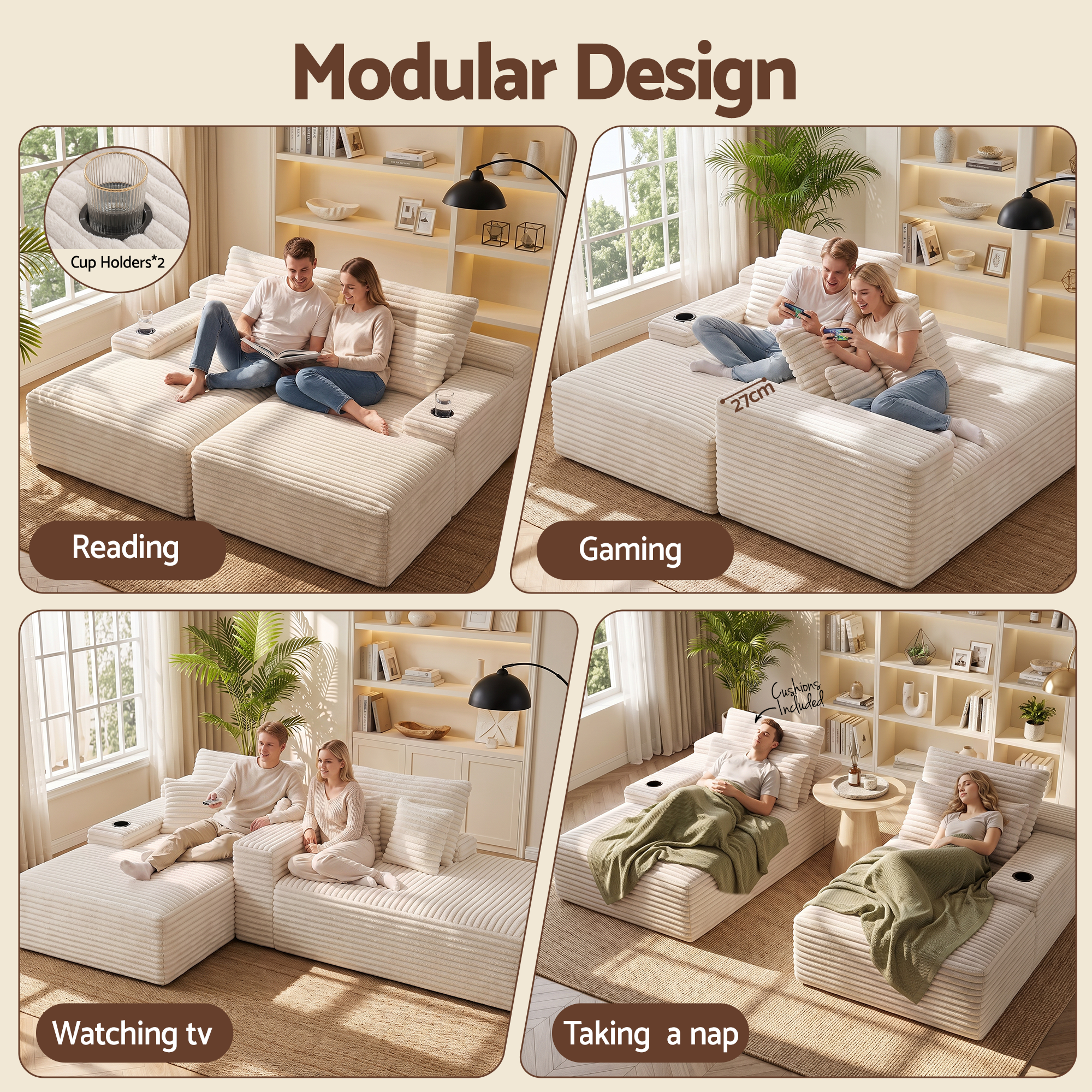 Artiss Double Chaise Lounge Sofa 2-Seater Modular Sofa Lounge Chair Couch Beige