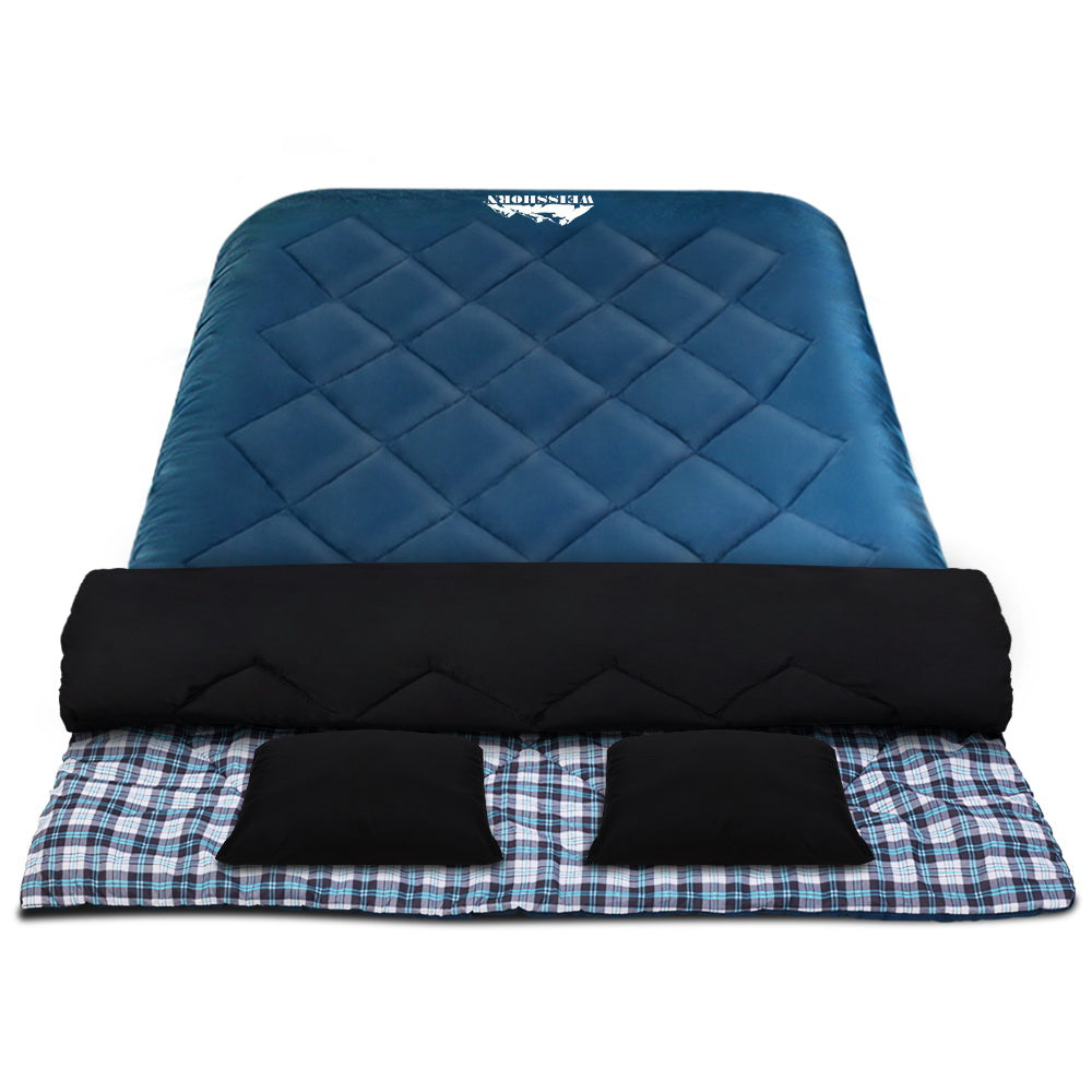 Weisshorn Double Sleeping Bag with Pillows Thermal Camping Hiking Blue