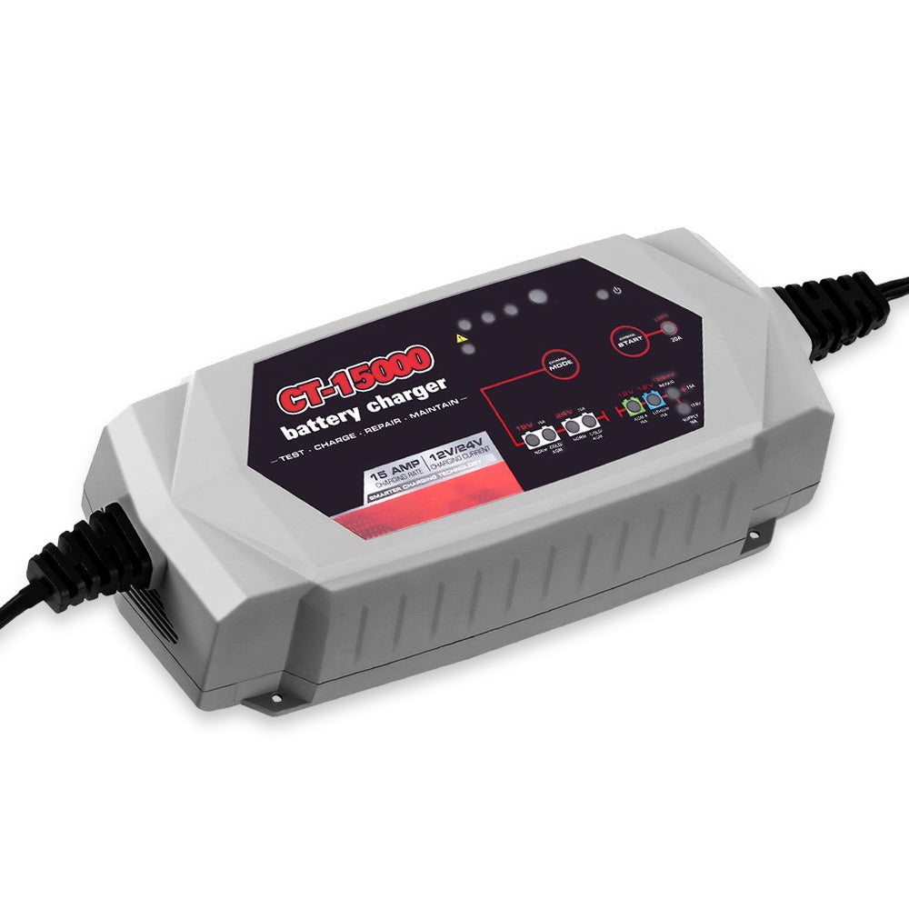 CT-15000 15A Smart Battery Charger 12V/24V AGM Lithium for Cars and Trucks