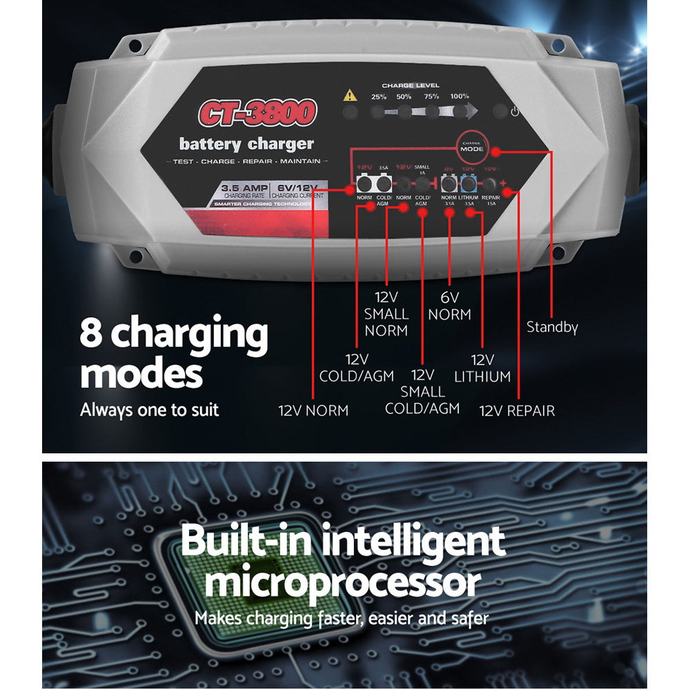 CT-3800 12V/6V Automatic Car Battery Charger 3.5A AGM Repair Mode