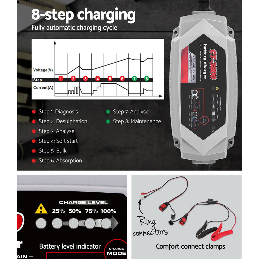 CT-3800 12V/6V Automatic Car Battery Charger 3.5A AGM Repair Mode