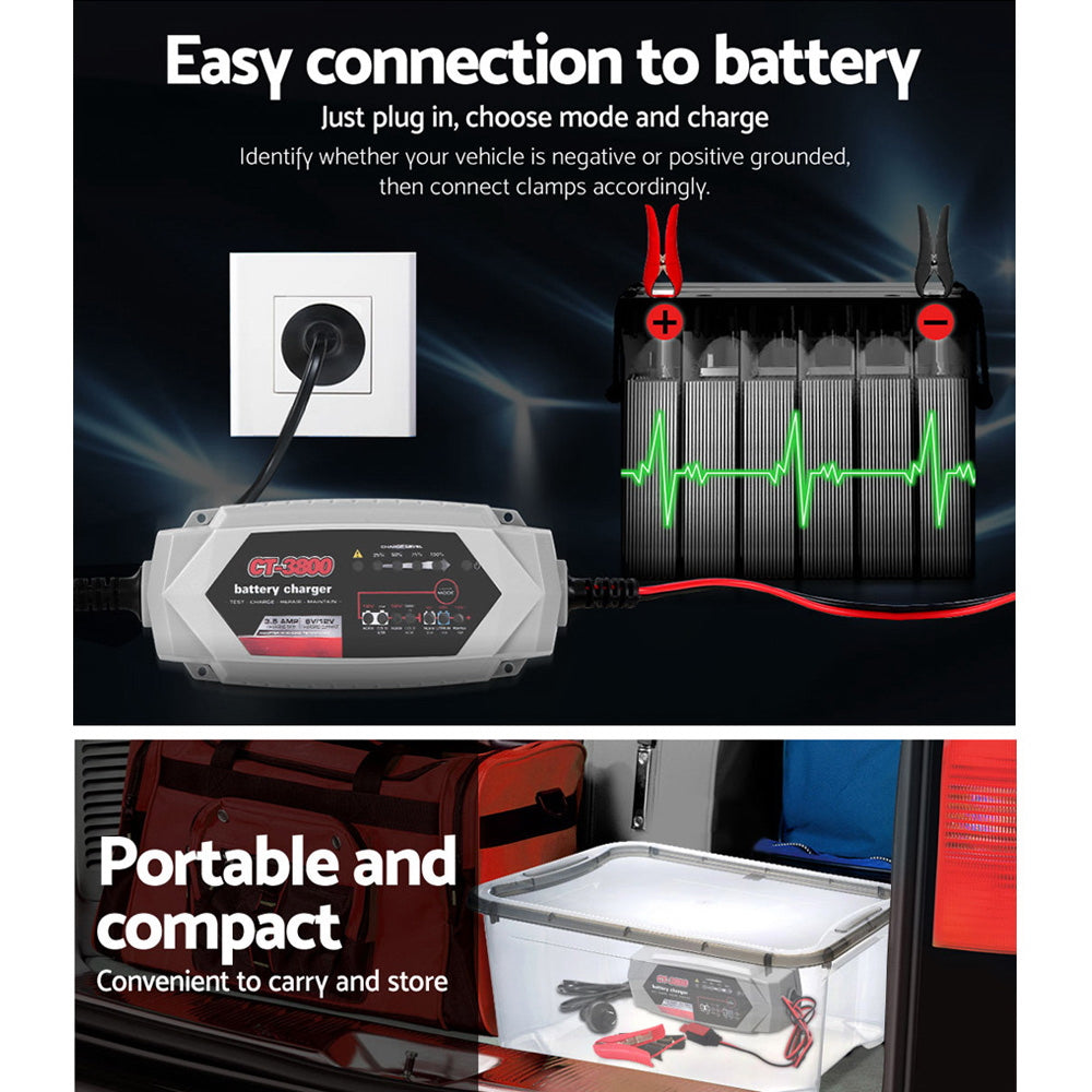 CT-3800 12V/6V Automatic Car Battery Charger 3.5A AGM Repair Mode
