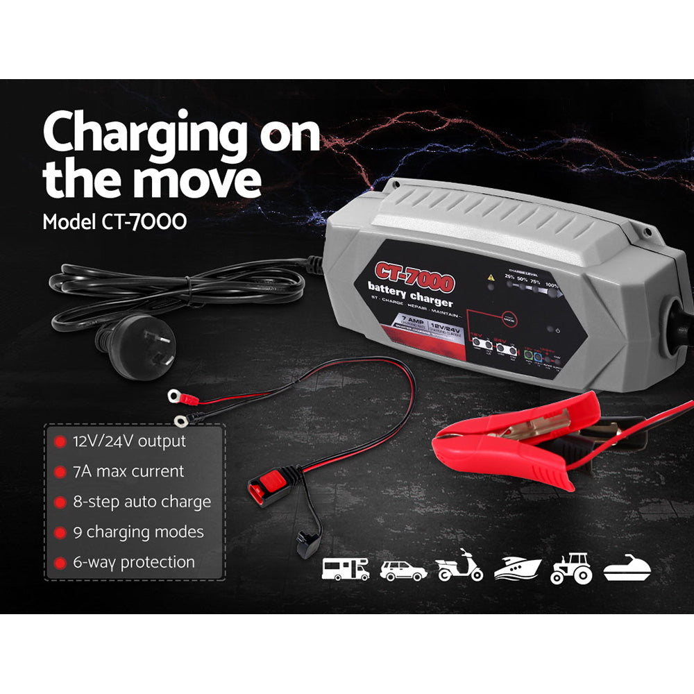 CT-7000 12V/24V 7A Car Battery Charger AGM Lithium Portable