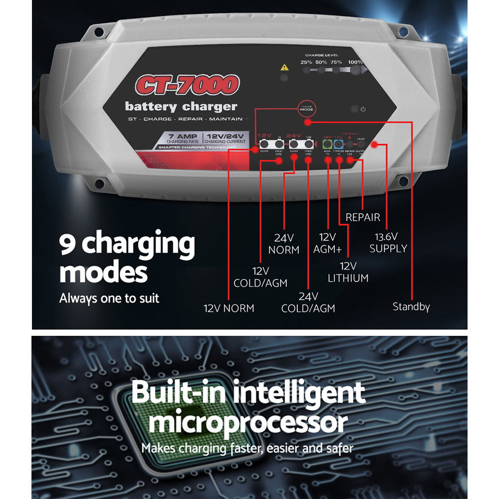 CT-7000 12V/24V 7A Car Battery Charger AGM Lithium Portable