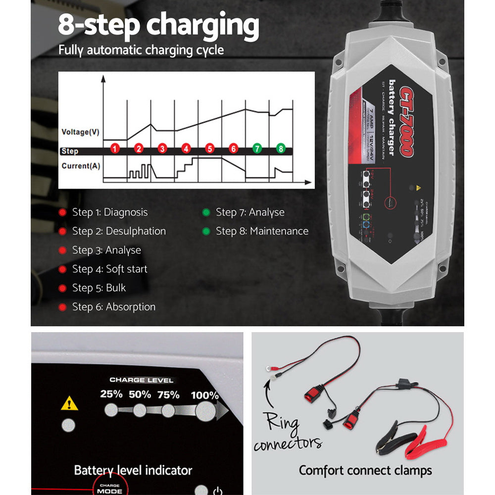 CT-7000 12V/24V 7A Car Battery Charger AGM Lithium Portable