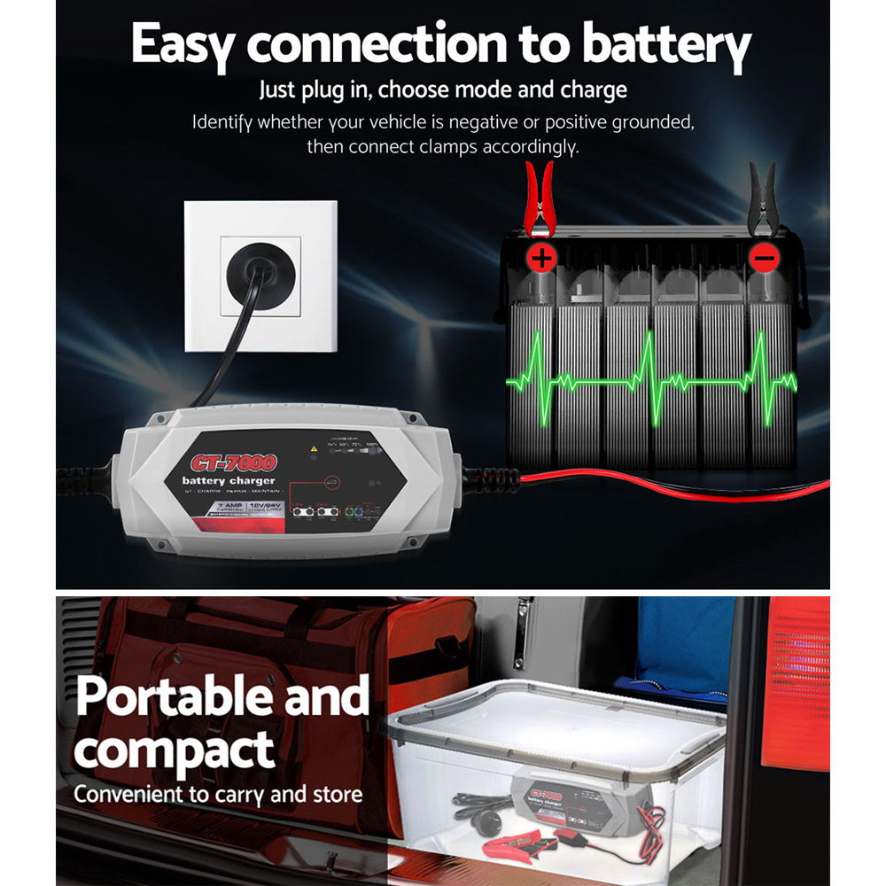 CT-7000 12V/24V 7A Car Battery Charger AGM Lithium Portable