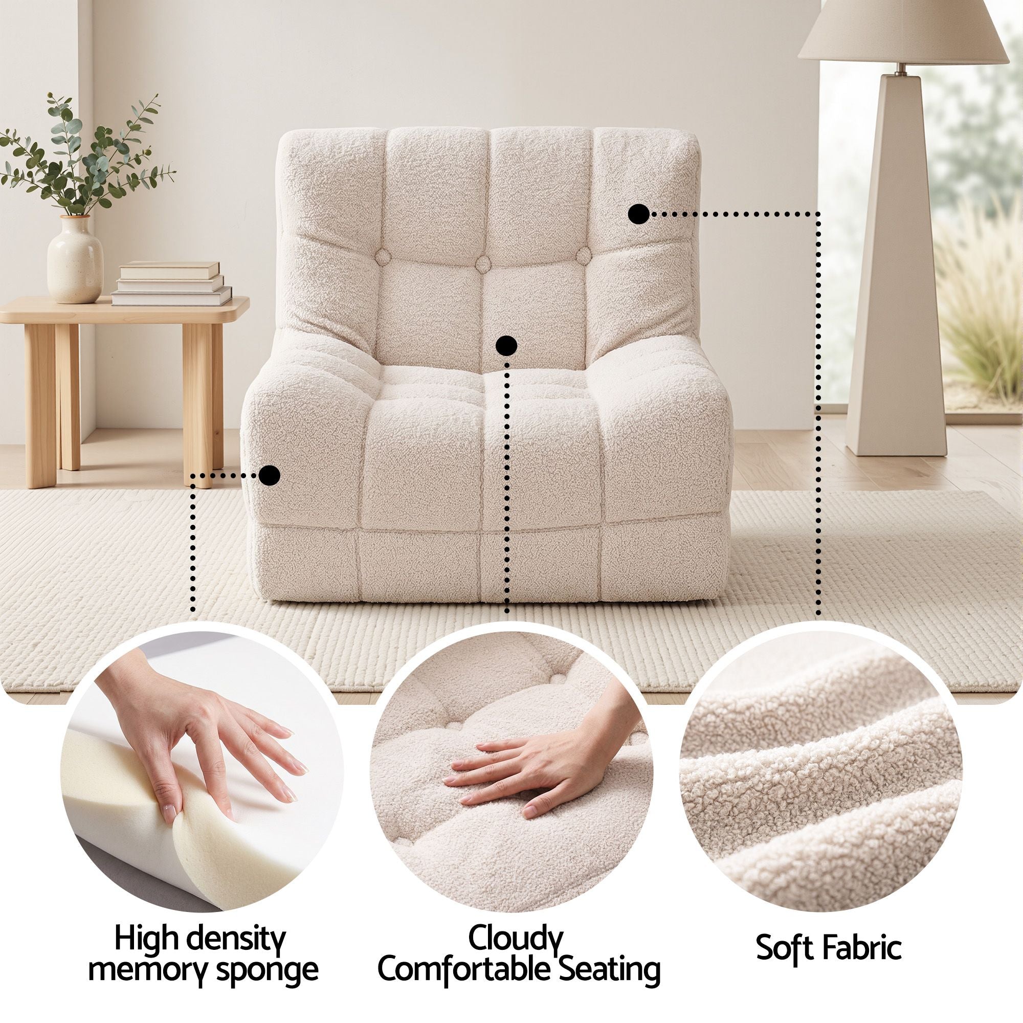 Artiss Single Boneless Sofa & Round End Table Set White