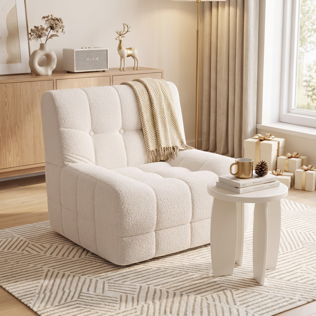 Artiss Single Boneless Sofa & Round End Table Set White