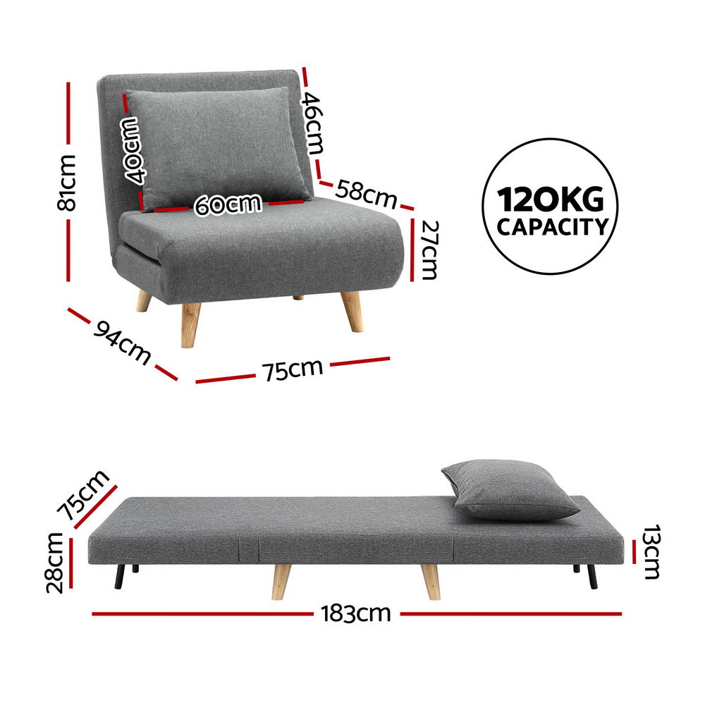 Convertible 1-Seater Sofa Bed Recliner Linen Grey