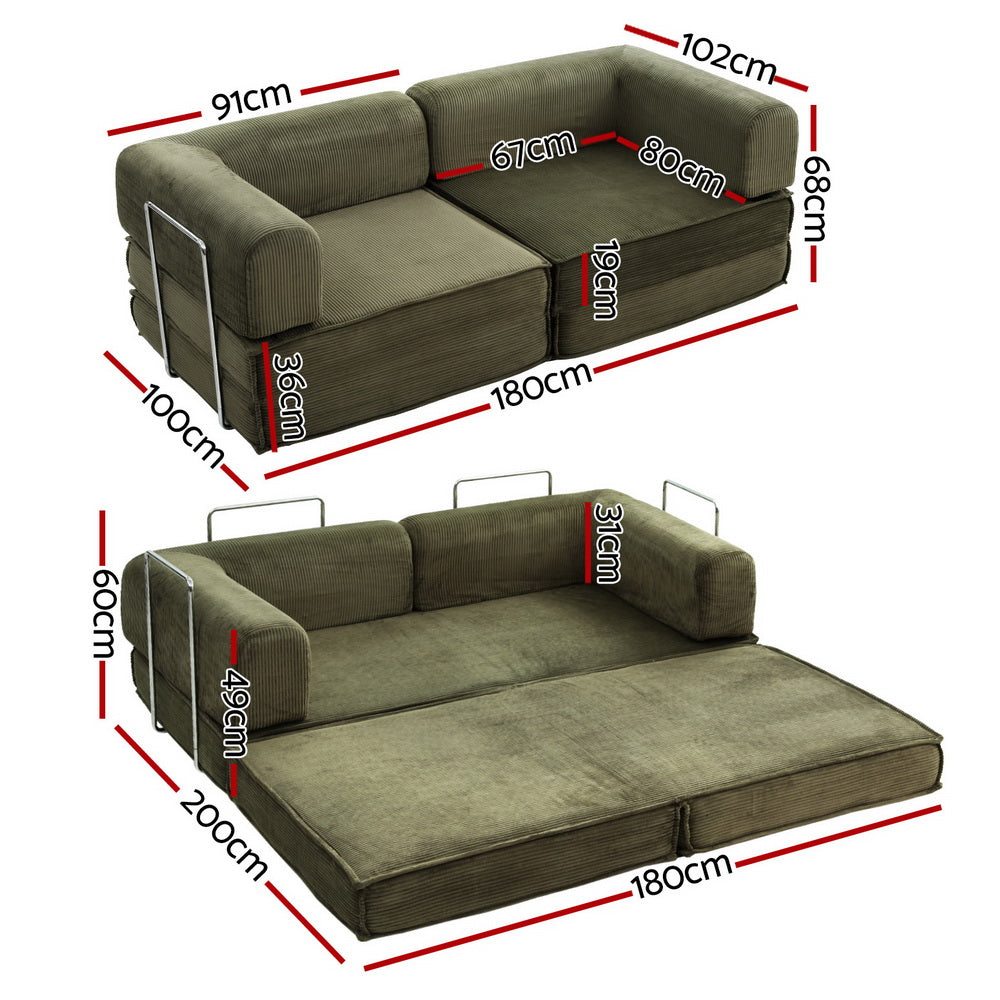 Artiss Convertible 2-Seater Sofa Bed Corduroy Green
