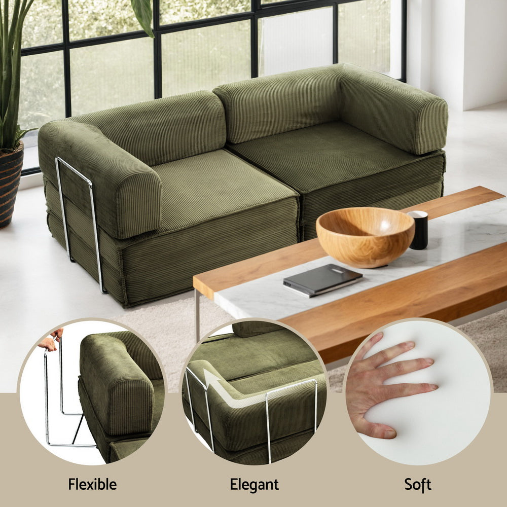 Artiss Convertible 2-Seater Sofa Bed Corduroy Green