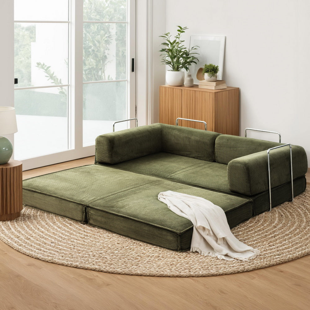 Artiss Convertible 2-Seater Sofa Bed Corduroy Green