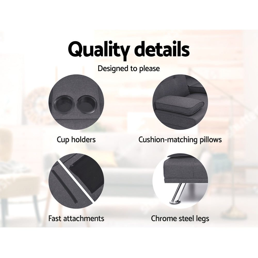 Artiss 175CM Sofa Bed 3-Seater Dark Grey Fabric
