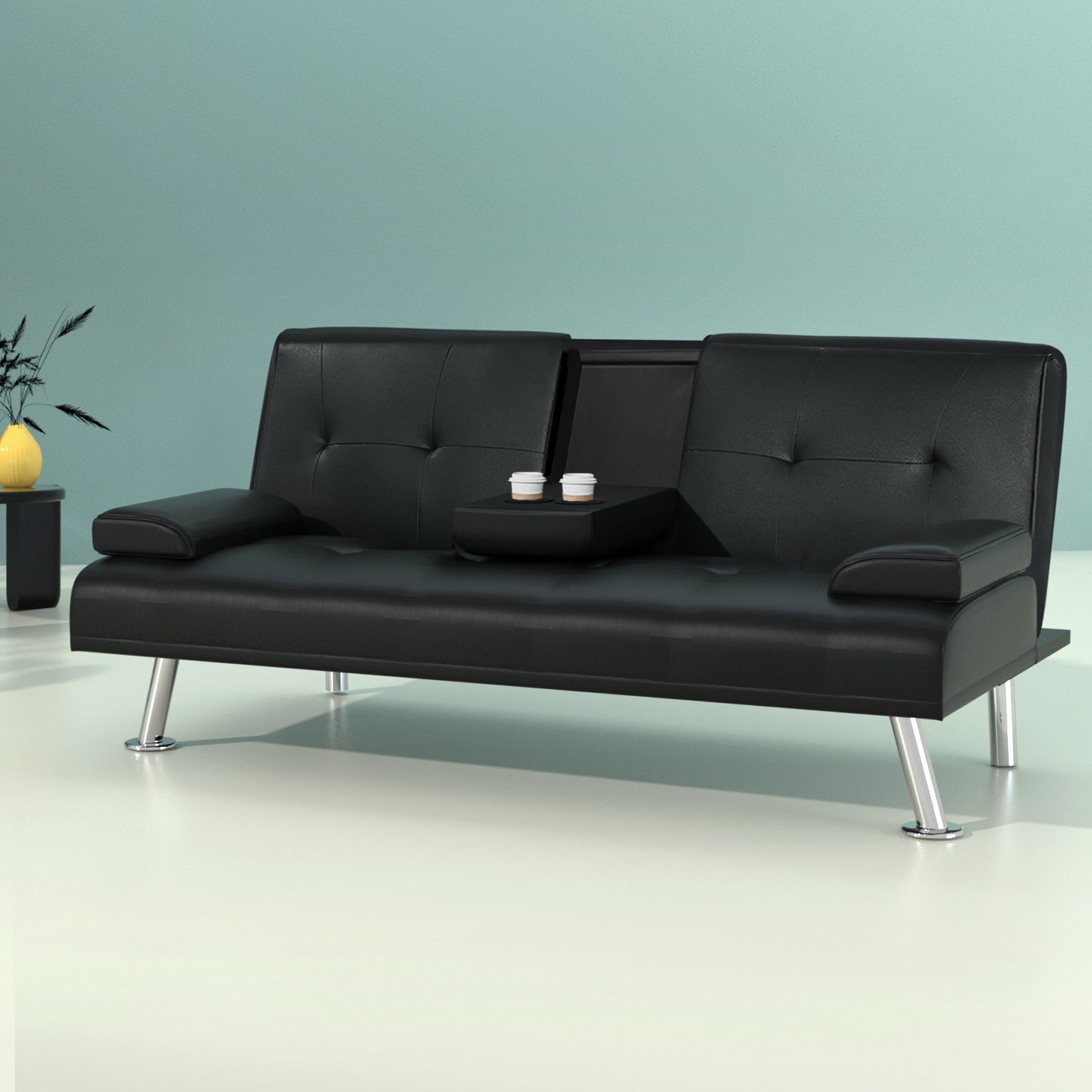 Artiss 168cm 3-Seater Sofa Bed Black PU Leather