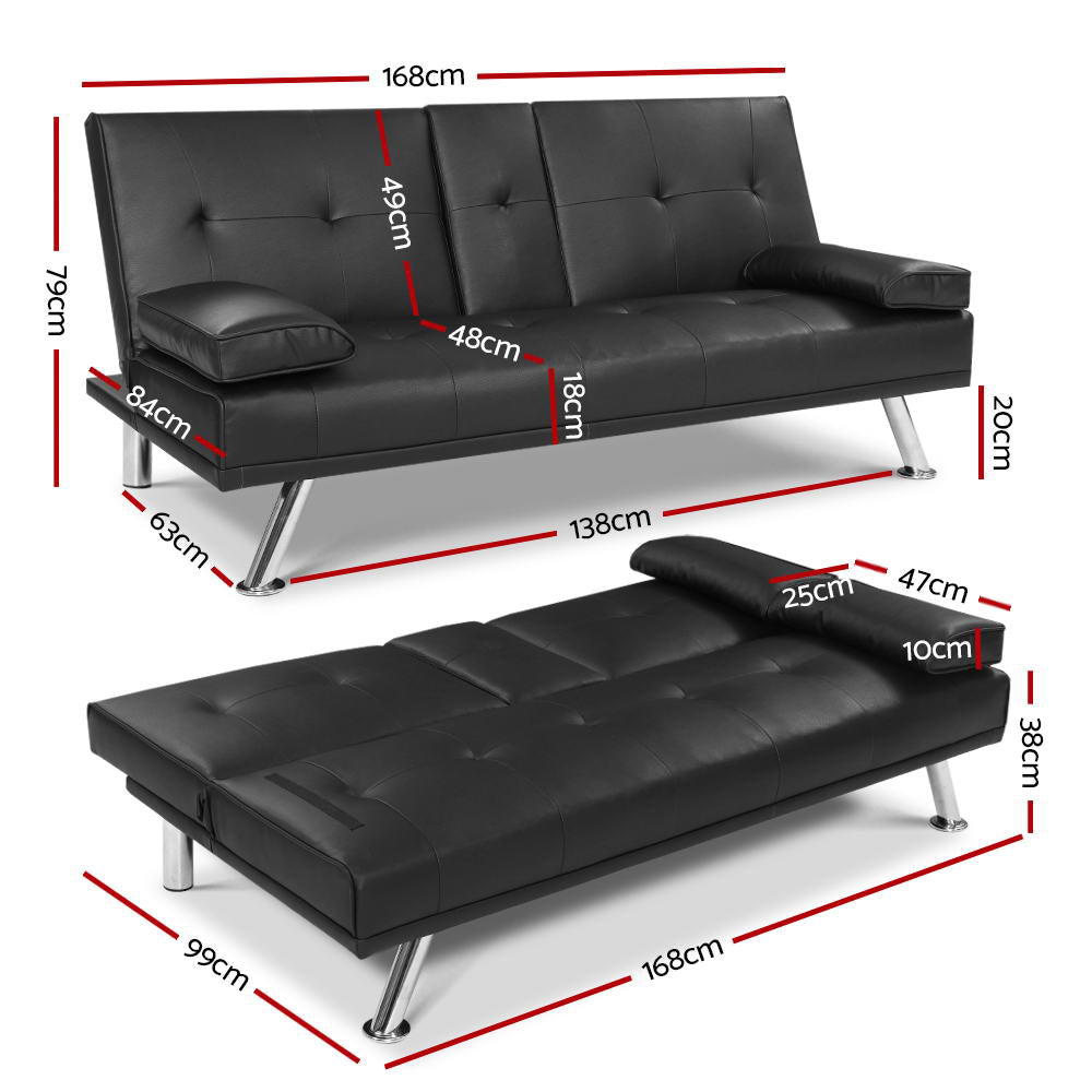 Artiss 168cm 3-Seater Sofa Bed Black PU Leather