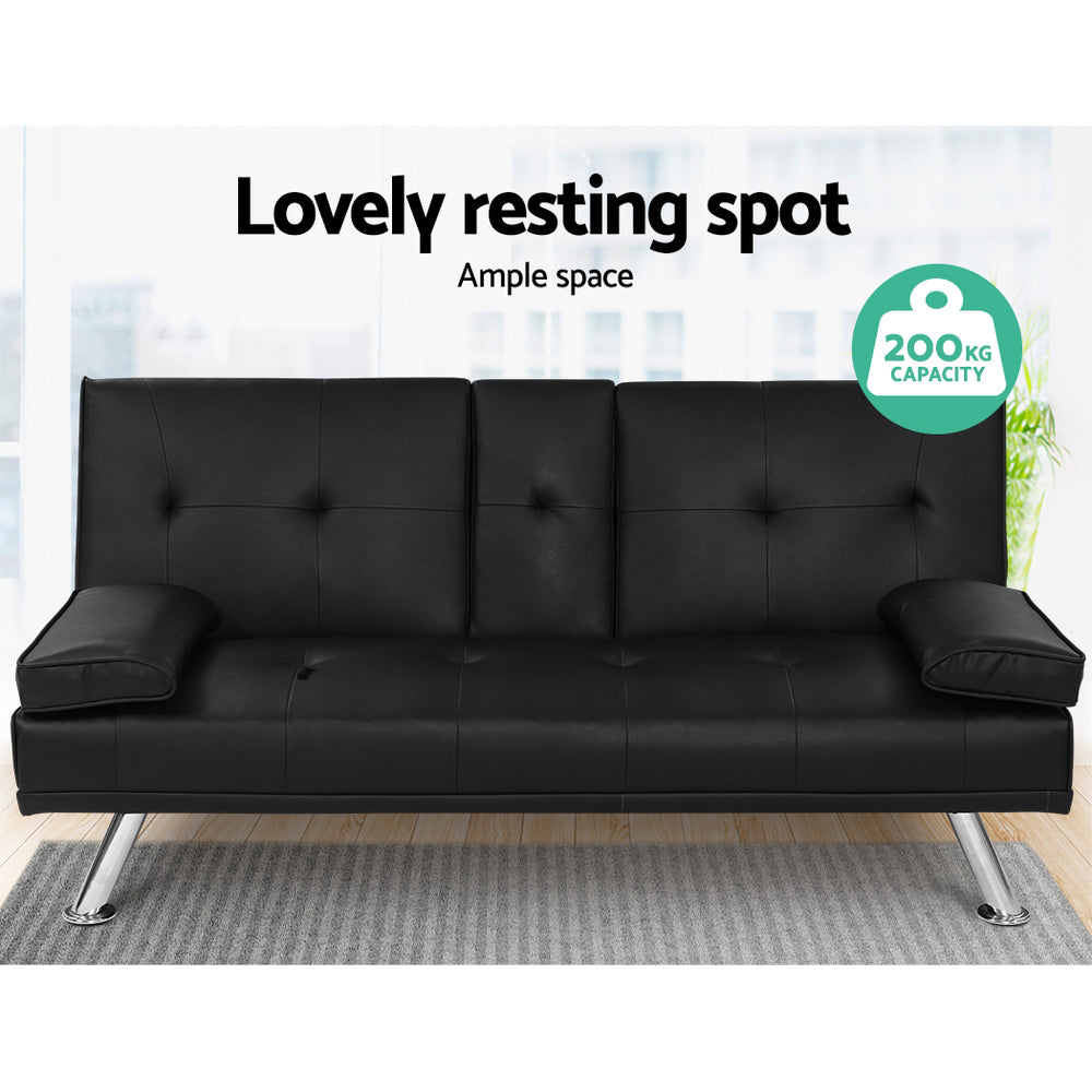 Artiss 168cm 3-Seater Sofa Bed Black PU Leather