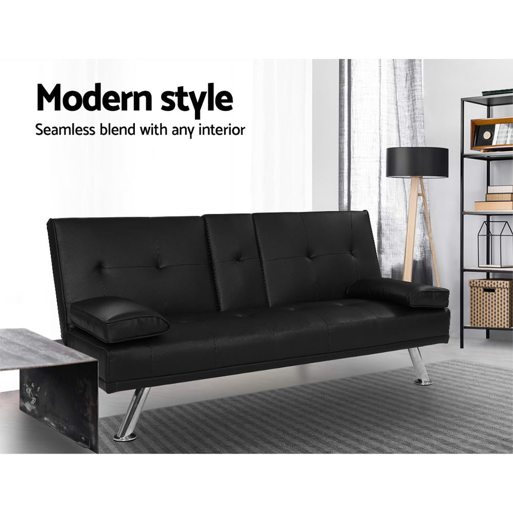 Artiss 168cm 3-Seater Sofa Bed Black PU Leather