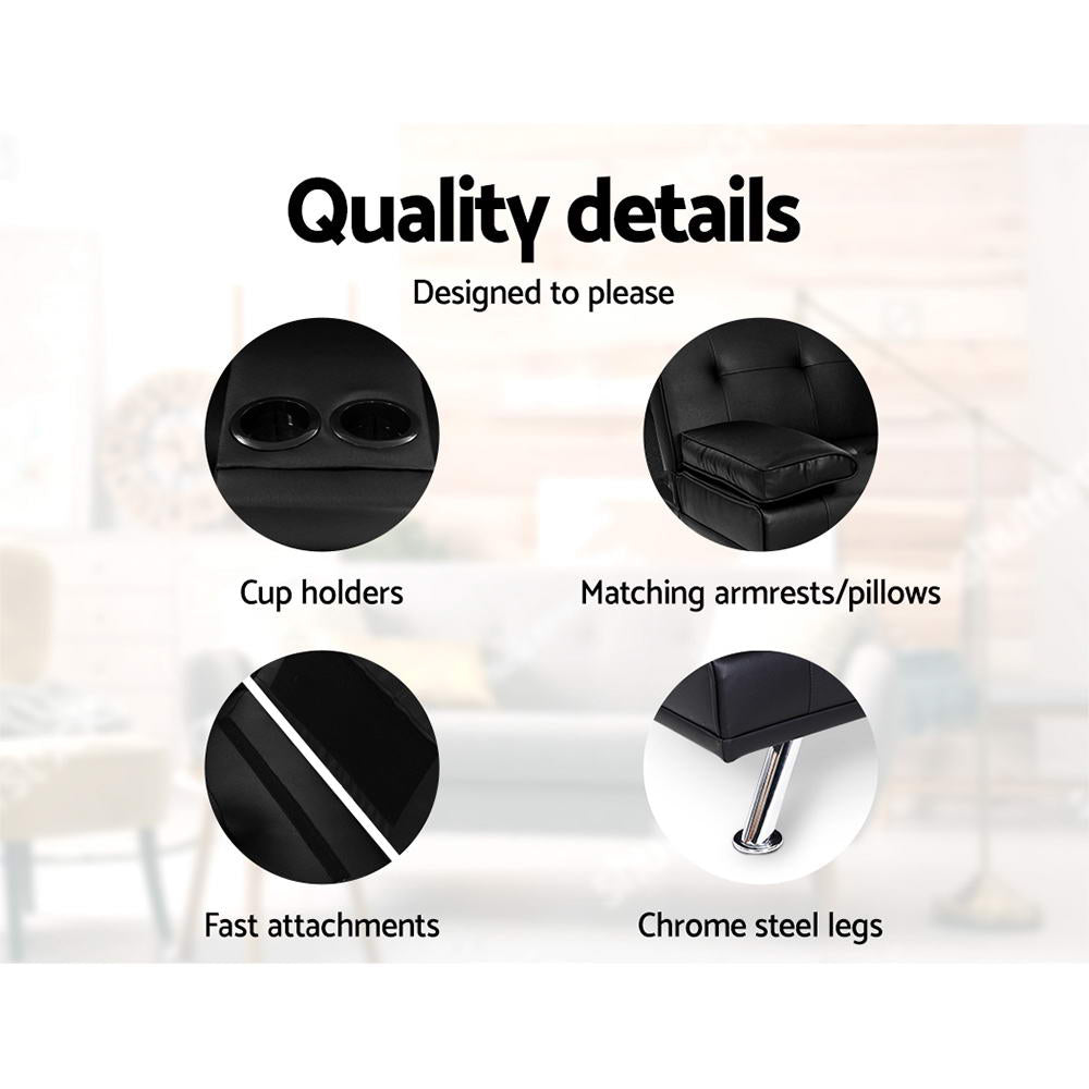 Artiss 168cm 3-Seater Sofa Bed Black PU Leather