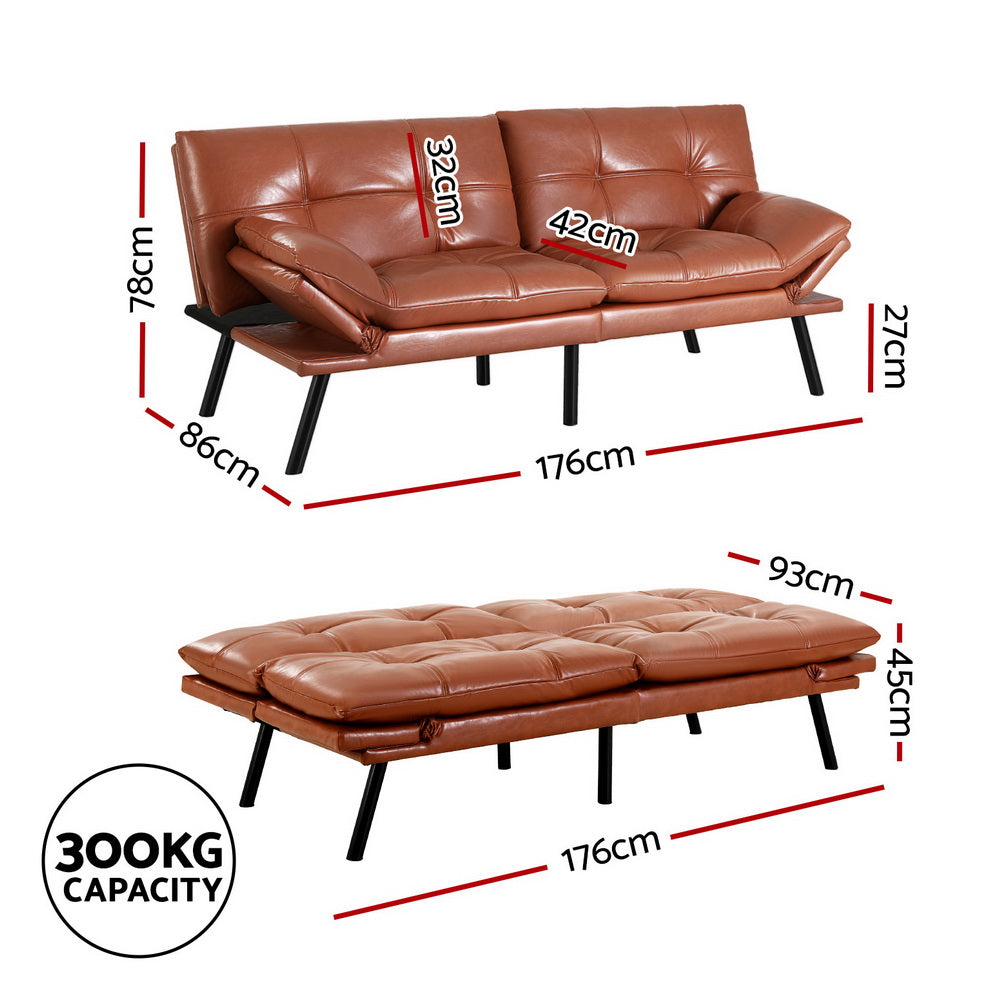 Artiss 3-Seater Convertible Sofa Bed Recliner Leather Brown