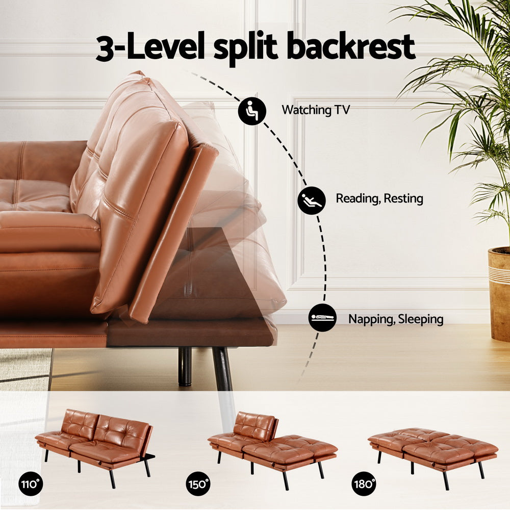 Artiss 3-Seater Convertible Sofa Bed Recliner Leather Brown