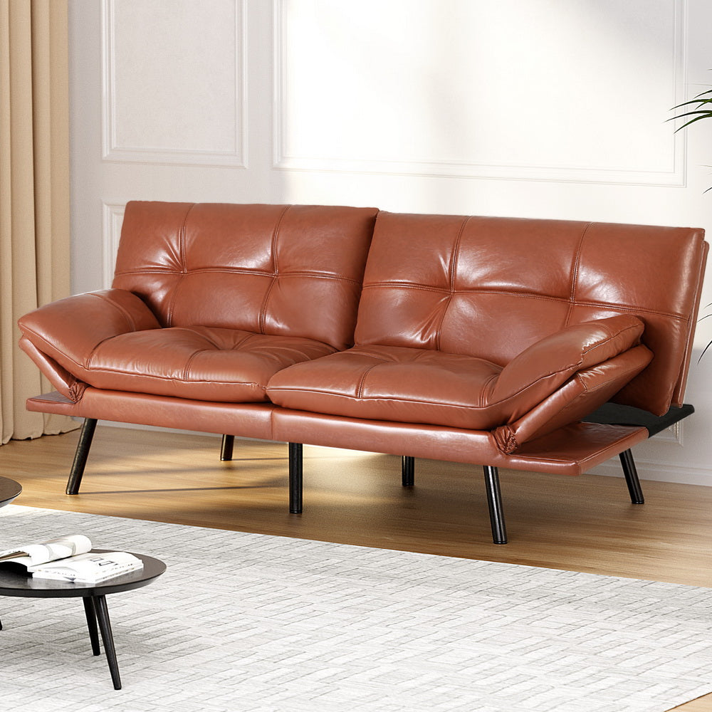 Artiss 3-Seater Convertible Sofa Bed Recliner Leather Brown
