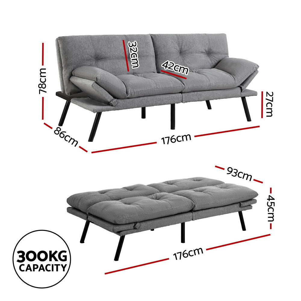 Artiss 3-Seater Convertible Sofa Bed Recliner Lounge Grey