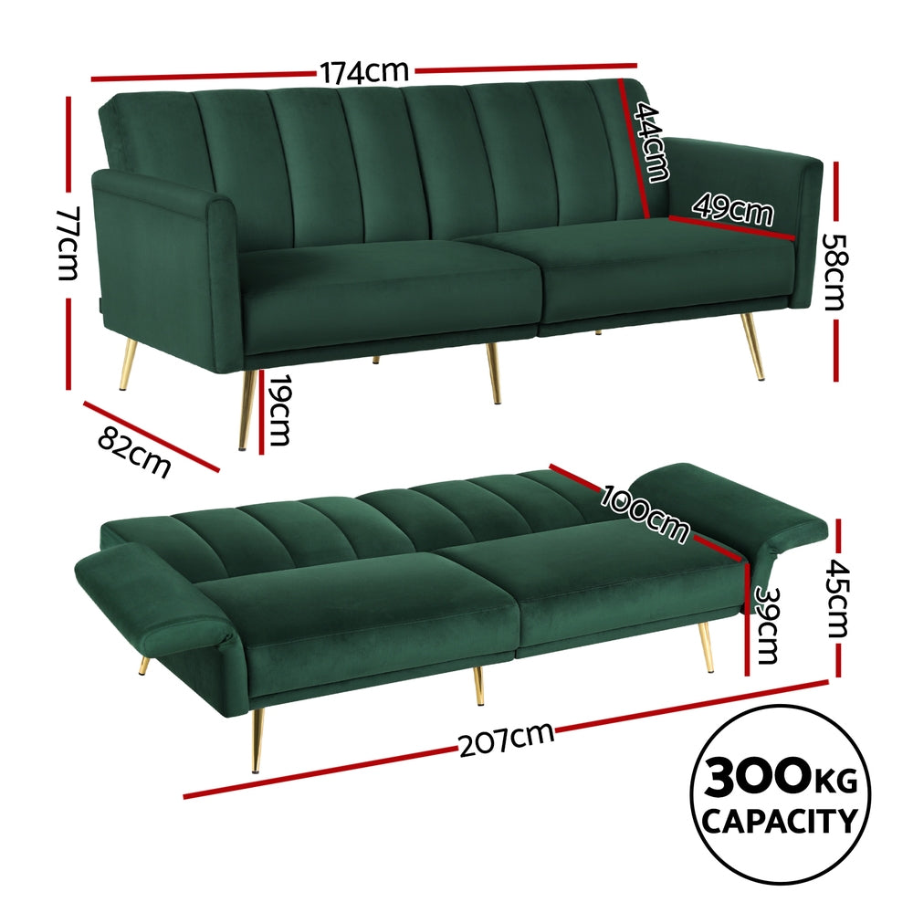Artiss 3-Seater Convertible Sofa Bed Velvet Recliner Green Gold