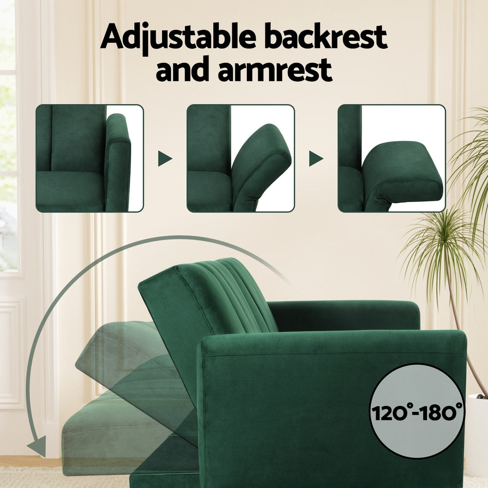 Artiss 3-Seater Convertible Sofa Bed Velvet Recliner Green Gold